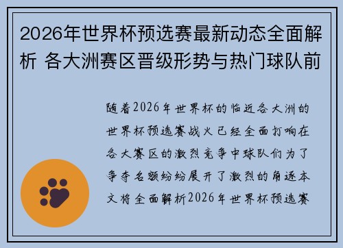 2026年世界杯预选赛最新动态全面解析 各大洲赛区晋级形势与热门球队前景